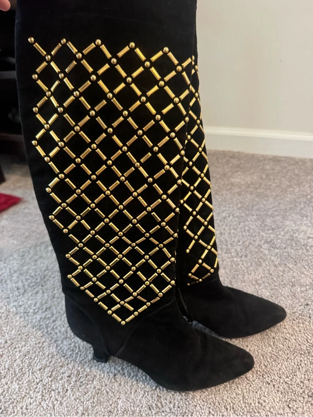 Stuart Weitzman Black Suede Over-the-Knee Boots with Gold Stud Lattice